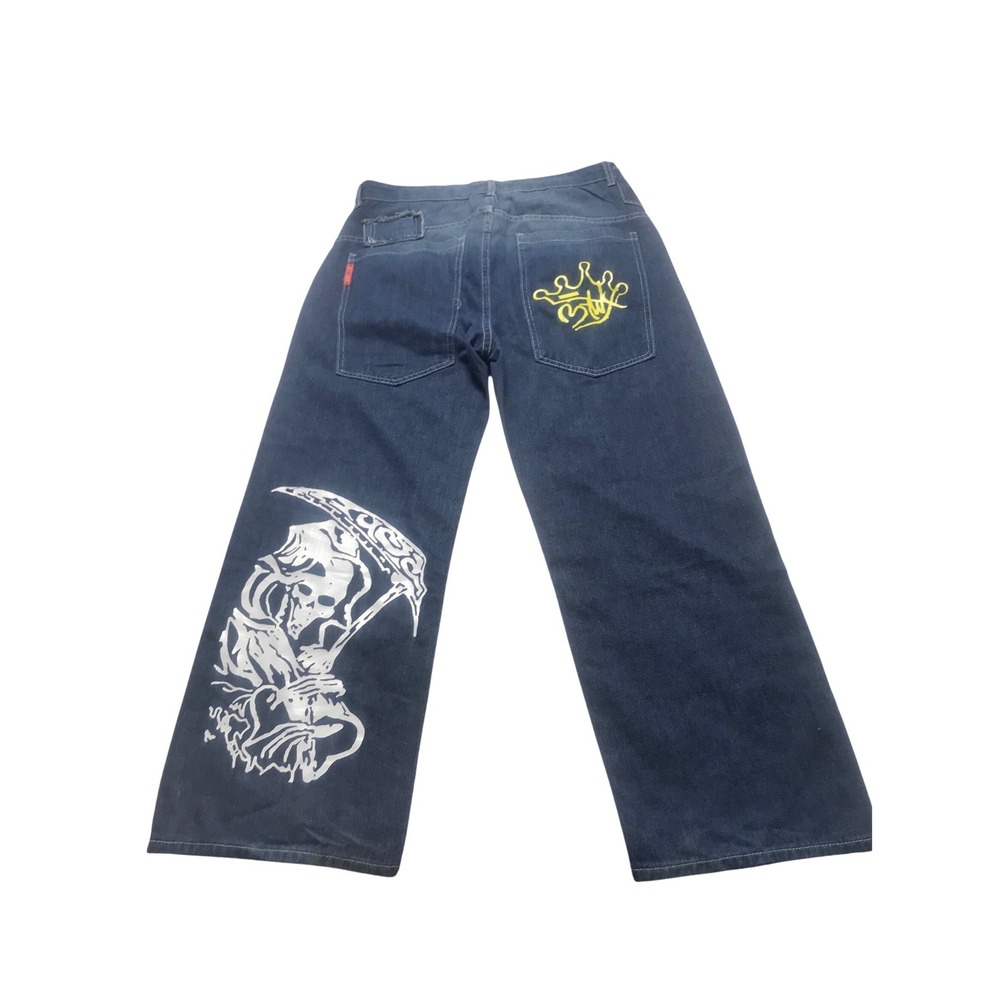 JNCO Men's Size XL Baggy Denim Jeans Grim Reaper Skull Graphic Crown Logo‎